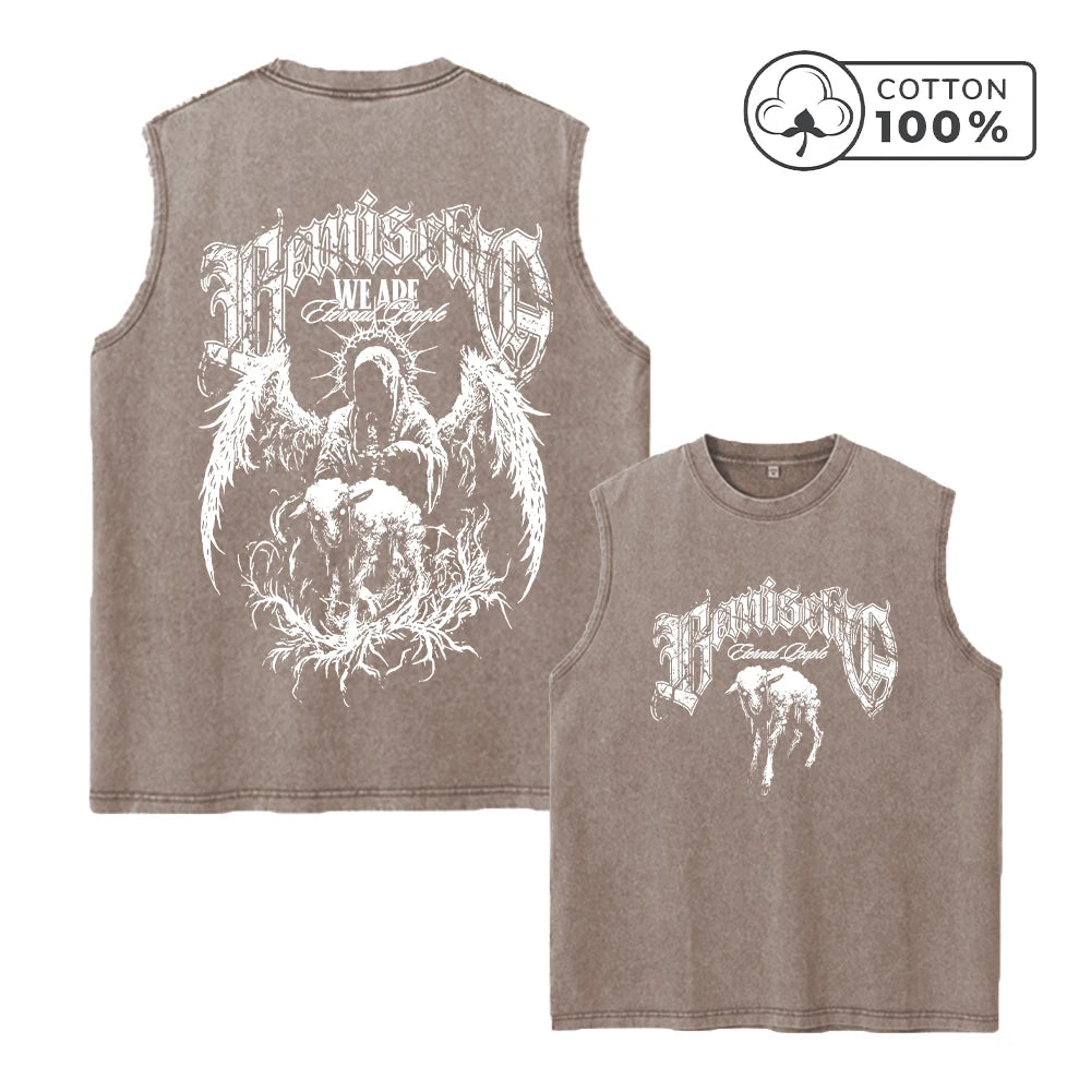 Men's Pure Cotton Washed Sleeveless Vest Trendy Sheep Print Top Retro Distressed 2026 Street Style Heavyweight Breathable Vest