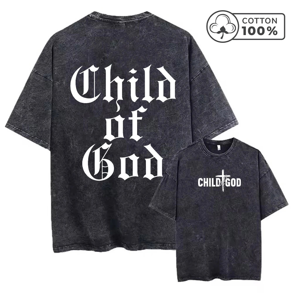 Men's Child Of God Print Distressed Washed T-Shirt Loose Fit Casual Pure Cotton Crew Neck Short Sleeve Everyday Commute Top