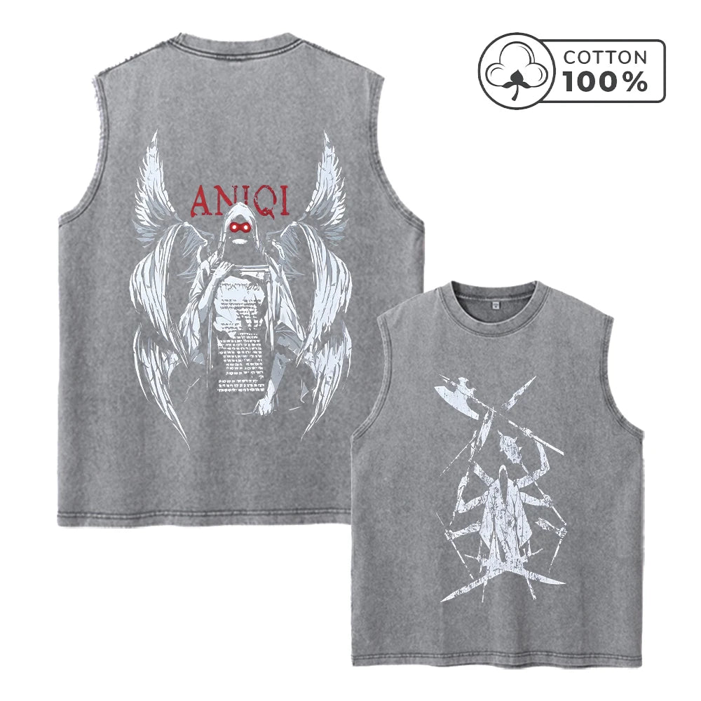 Men's Creative Eight Armed Death Print Washed Vest Loose Casual Pure Cotton Commuter Retro Sleeveless Vest Summer Running Top