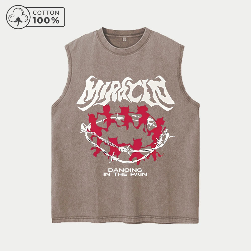 Men's Retro Washed Vest With Creative Dancing Devil Print Pure Cotton Casual Sleeveless T-Shirt Distressed Street Style Top