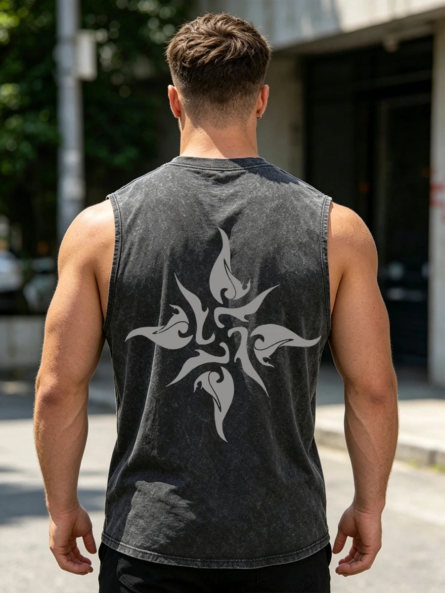 Men's Washed Vest With Gothic Text And Floral Print Pure Cotton Sleeveless Fitness T Shirt Loose Fit Casual Commuter Sports Top