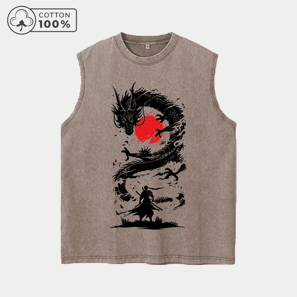 Men's Fashion Washed Vest With Chinese Dragon Print Pure Cotton Sleeveless Fitness T Shirt Loose Fit Casual Commuter Sports Top
