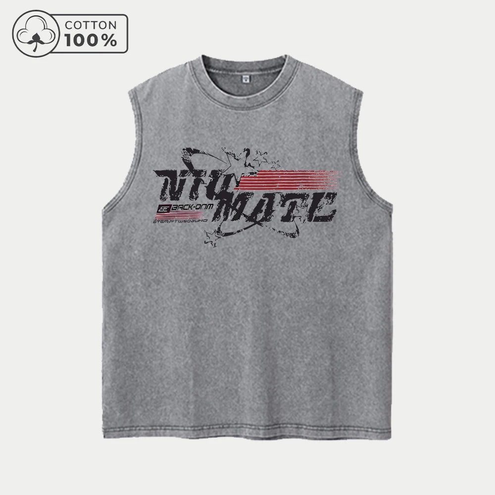 Men's Hollowed Out Text Print Washed Vest Retro Casual Pure Cotton Sleeveless Vest Summer Daliy Street Style Commute Loose Top