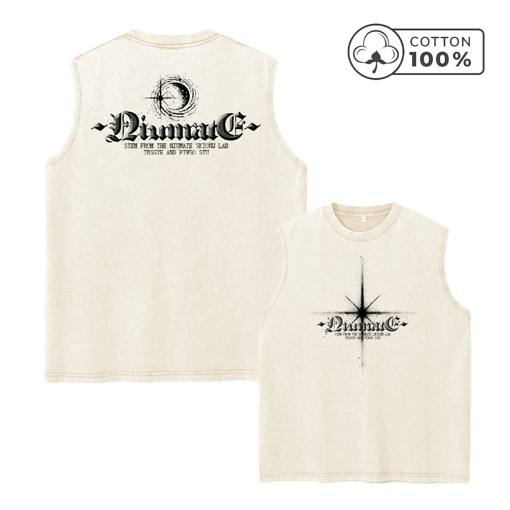Men's Pure Cotton Washed Sleeveless Vest Trendy Starlight Print Top Retro Distressed Street Style Heavyweight Breathable Vest