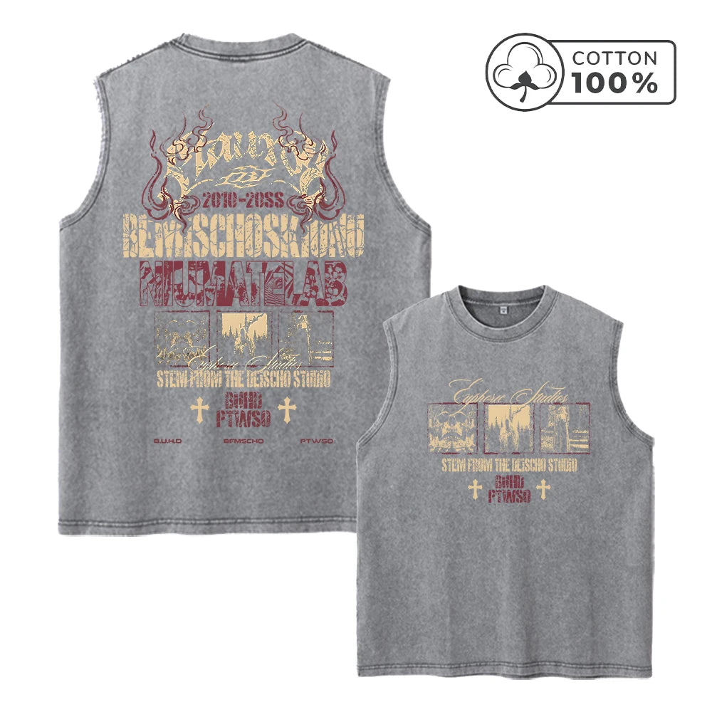 Men's Heavyweight Pure Cotton Washed Sleeveless Vest With Skull Print Retro Distressed And Breathable 2026 Summer New Arrival