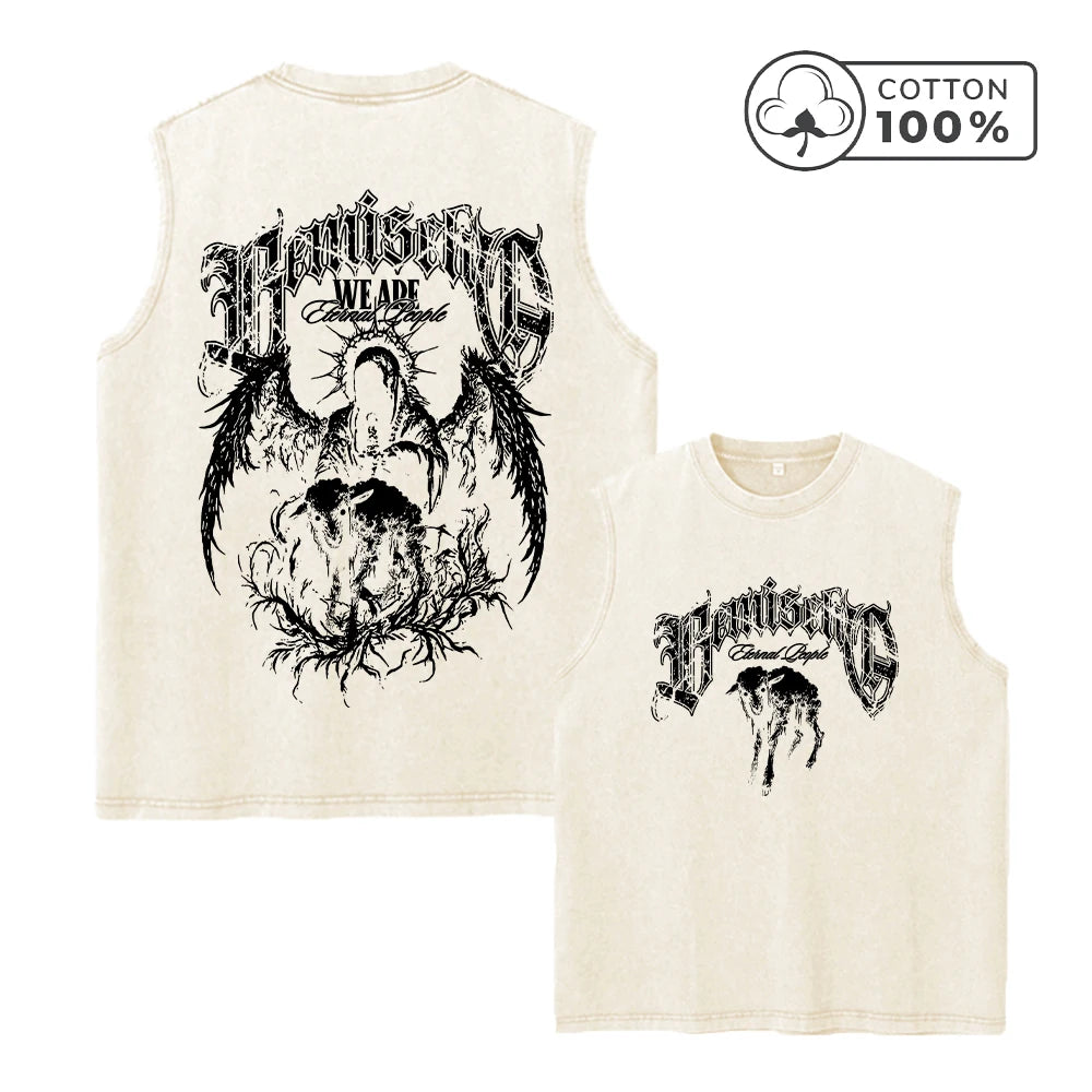 Men's Pure Cotton Washed Sleeveless Vest Trendy Sheep Print Top Retro Distressed 2026 Street Style Heavyweight Breathable Vest