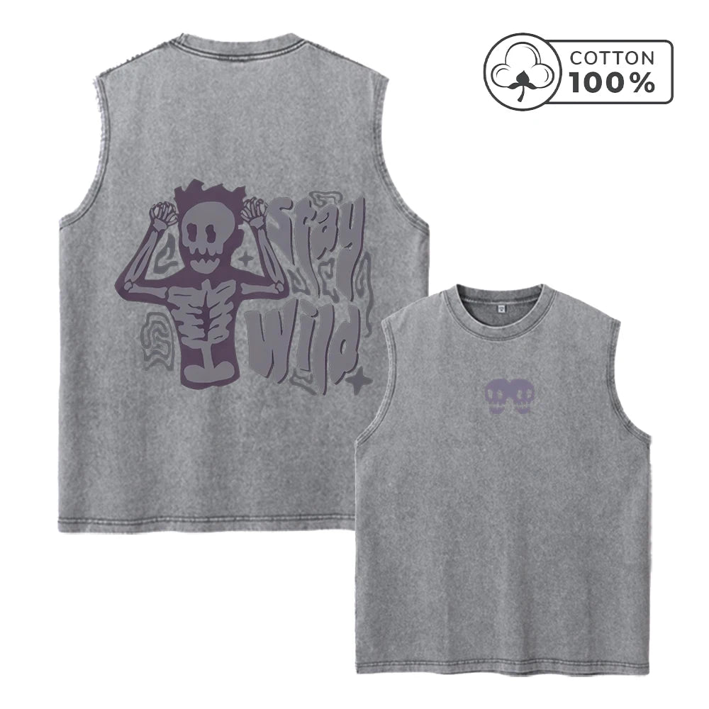 Men's Fun Skull Print Retro Washed Vest Suitable For Summer Fitness Training Daily Commute Casual And Stylish Pure Cotton Vest