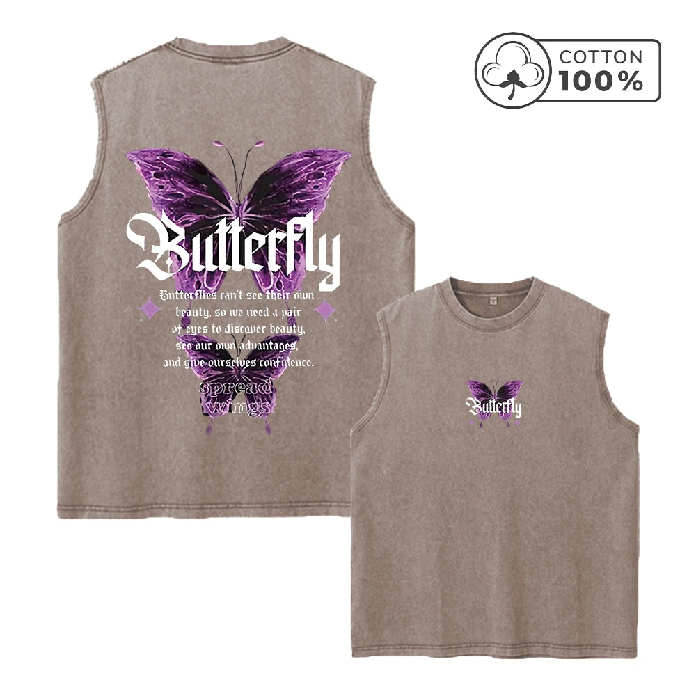 Men's Unique Butterfly And Letter Print Washed Vest Summer Fitness And Commute Top Distressed Casual Fashion Pure Cotton Vest