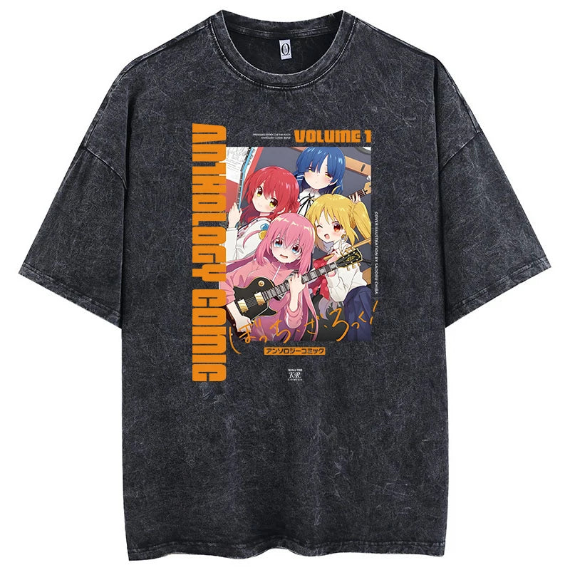 Men Oversized Printed Tshirts Bocchi Club Music Band Anime Bocchi The Rock Cotton Tops Creative Crew Neck Tees Washed TShirt