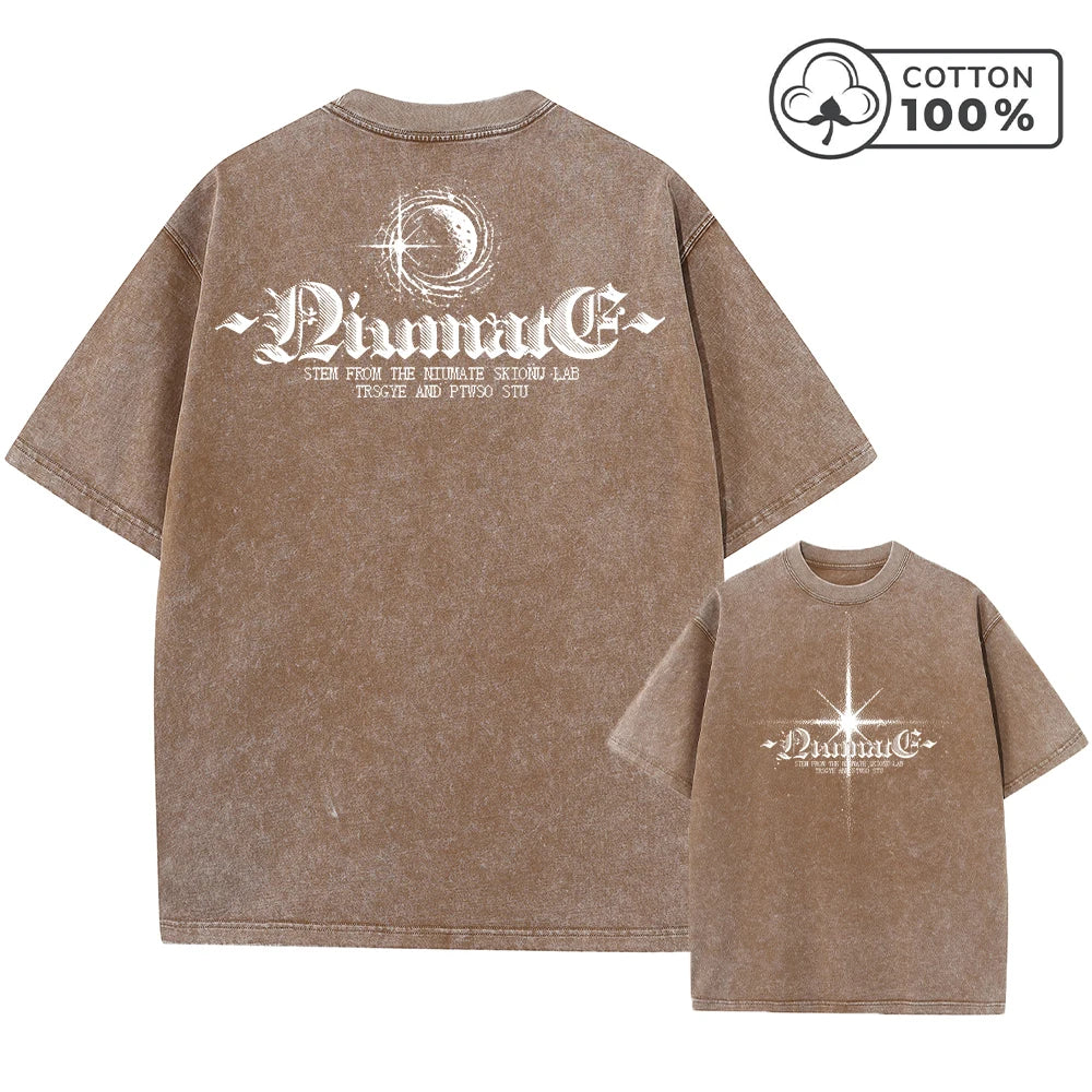 Men's Retro Washed T-Shirt With Starlight Text Print Distressed Pure Cotton Short Sleeved Summer Outdoor Commuter Gym Top