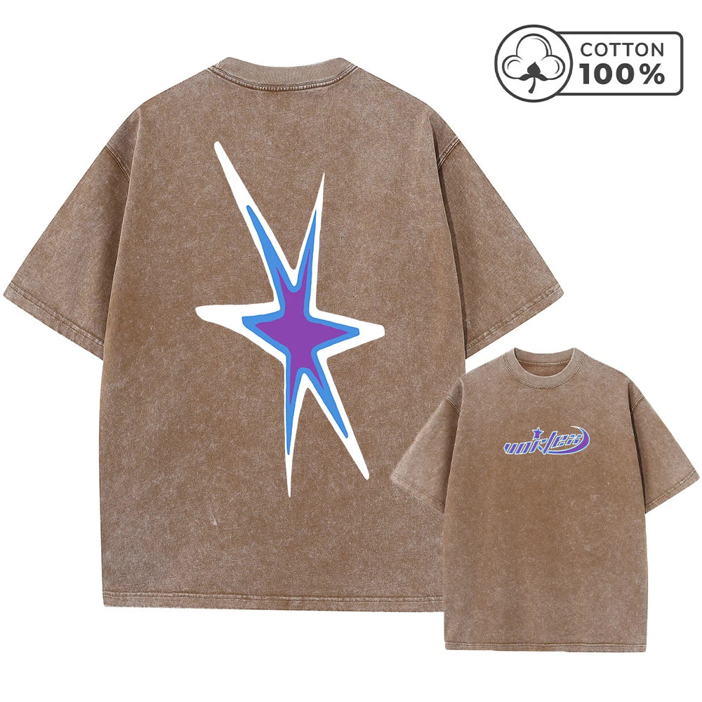 Men's Y2K Style Star Print Retro Washed T-Shirt Breathable Pure Cotton Casual Short Sleeved Summer Fitness Running Casual Top