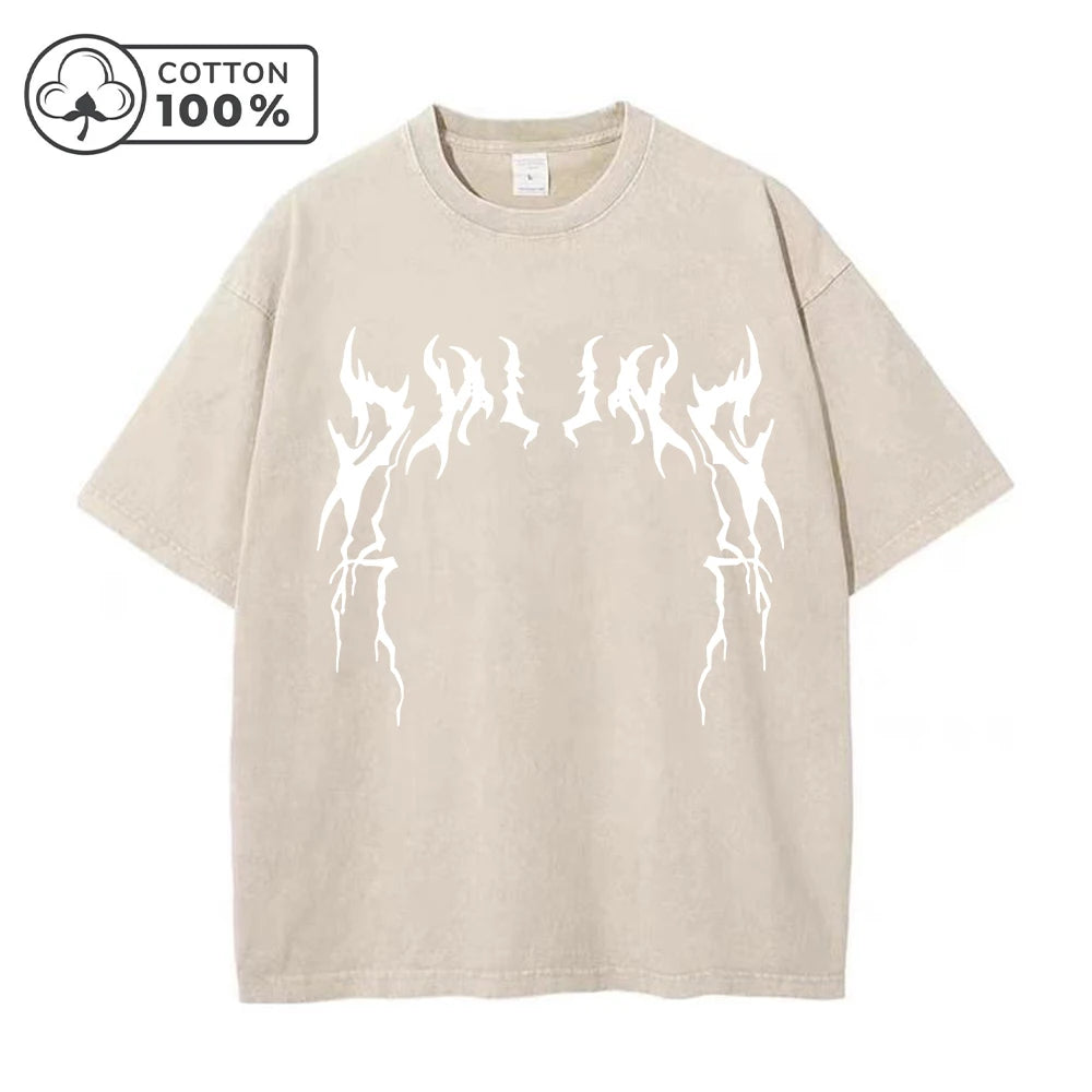 Men's Creative Thorn Print Washed T-Shirt Summer Distressed Loose Fitting Casual Fashion Short Sleeve Gym And Commuter Top
