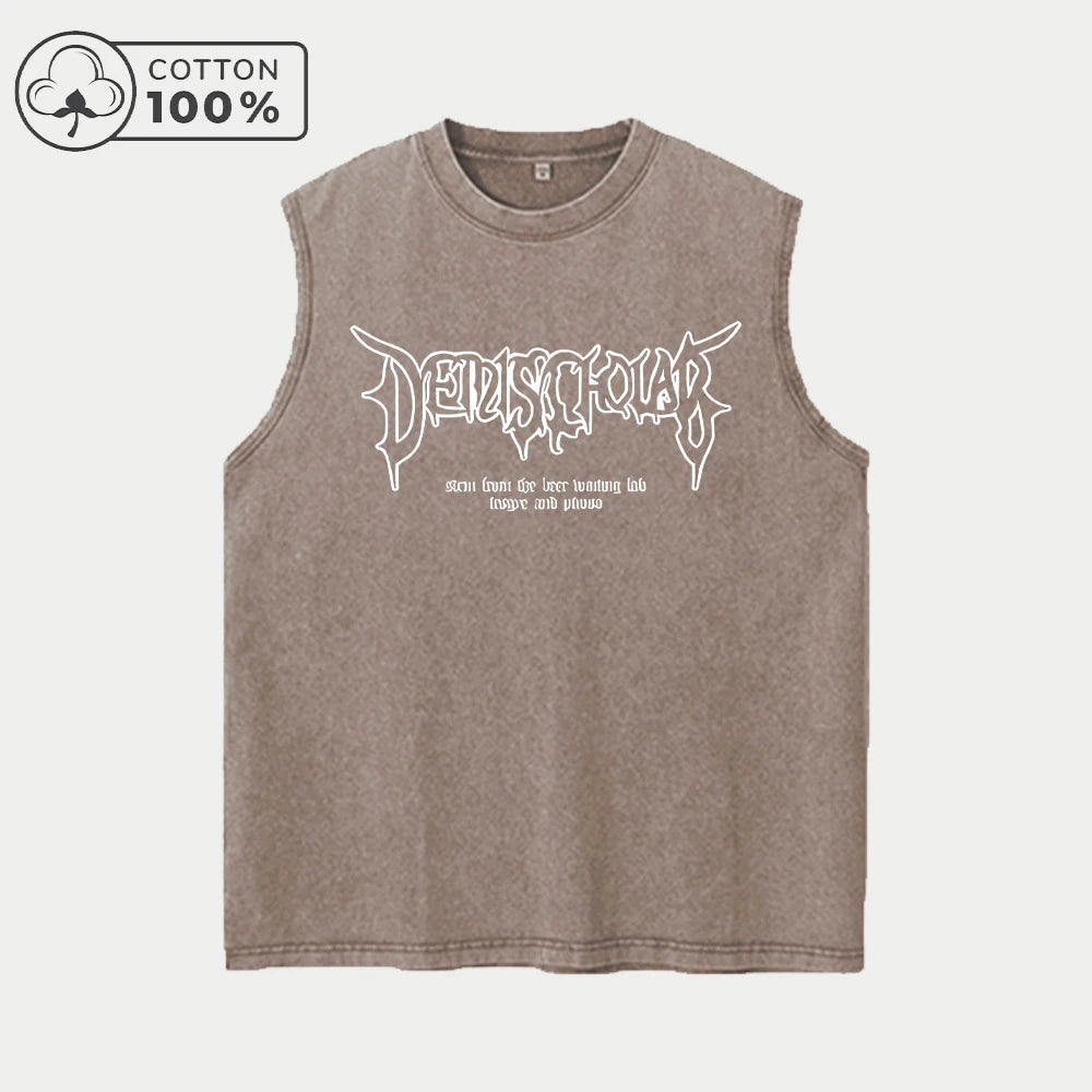Men's Hollowed Out Text Print Washed Vest Retro Casual Pure Cotton Sleeveless Vest Summer Daliy Street Style Commute Loose Top