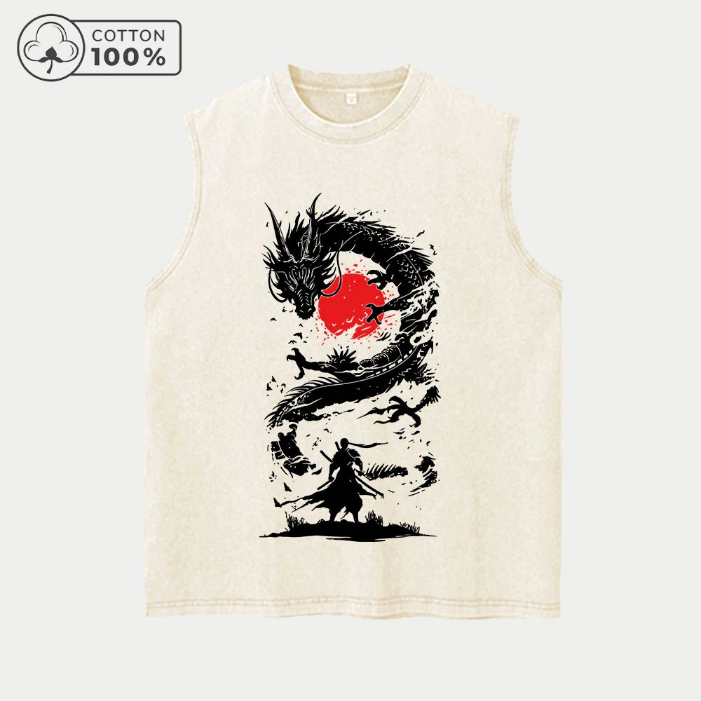 Men's Fashion Washed Vest With Chinese Dragon Print Pure Cotton Sleeveless Fitness T Shirt Loose Fit Casual Commuter Sports Top