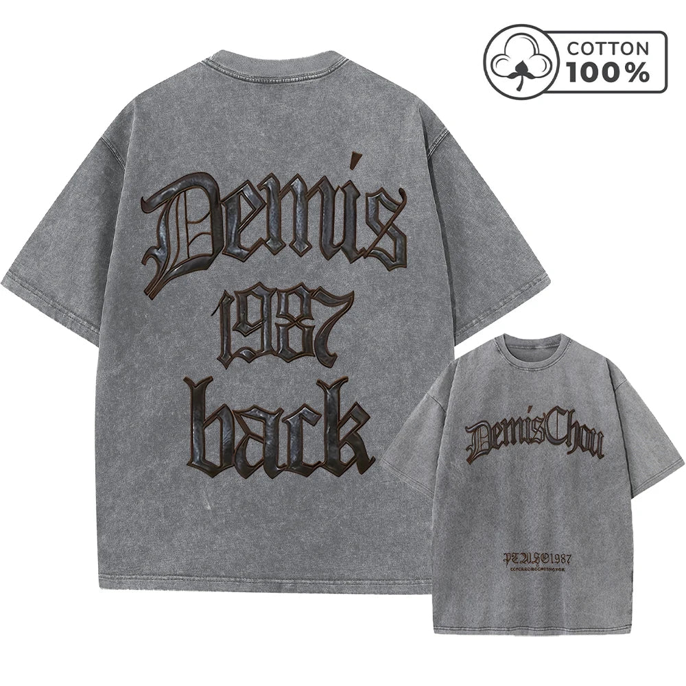 Men's Retro Casual Washed T-Shirt Summer Fashion Word Print Pure Cotton Crew Neck Short Sleeve Street Gym Commuter Top