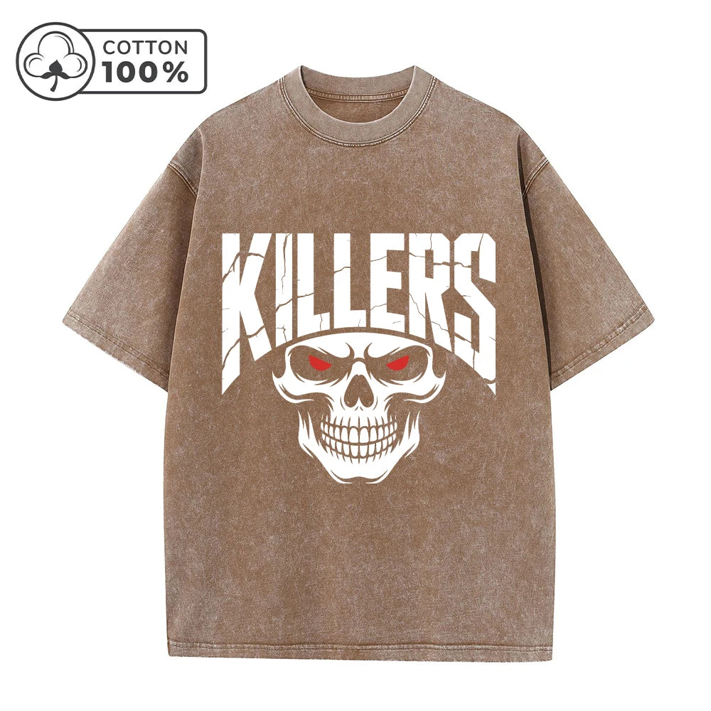 Men's Fashion Street Retro Washed T-Shirt With Red Eye Skull Print Summer Casual Pure Cotton Breathable Short Sleeve Top