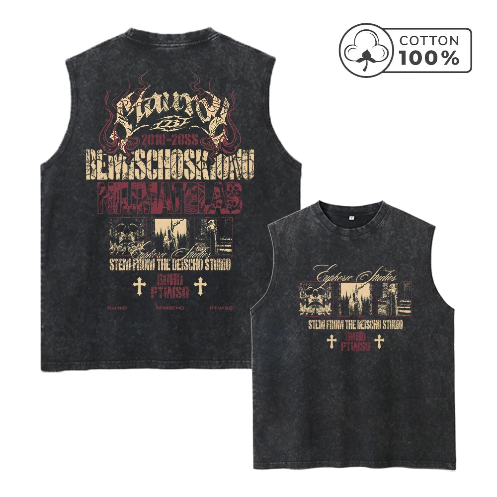 Men's Heavyweight Pure Cotton Washed Sleeveless Vest With Skull Print Retro Distressed And Breathable 2026 Summer New Arrival