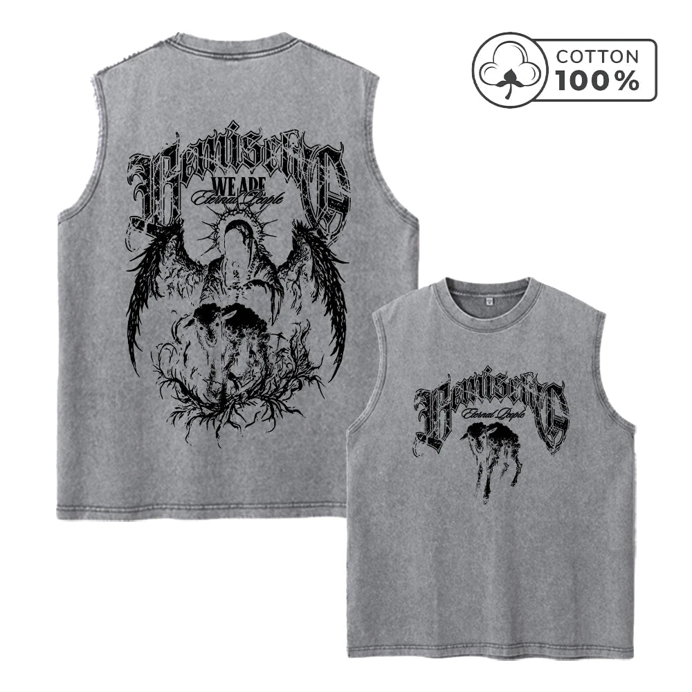 Men's Pure Cotton Washed Sleeveless Vest Trendy Sheep Print Top Retro Distressed 2026 Street Style Heavyweight Breathable Vest
