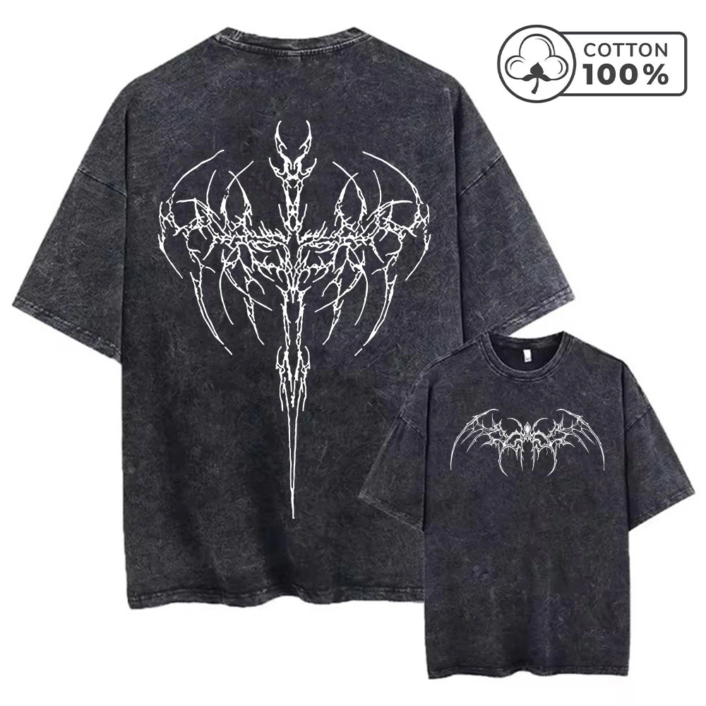 Men's Thorn Wings Print Retro Washed T-Shirt Trendy Streetwear Fitness Top Summer Casual Pure Cotton Breathable Short Sleeve Top