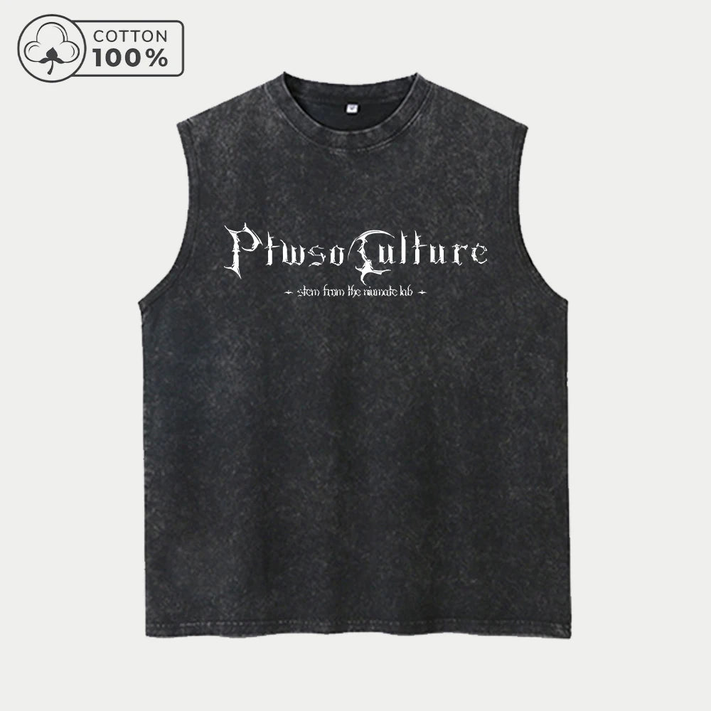 Men's Pure Cotton Washed Sleeveless Vest Creative Gothic Letter Print Top Retro Distressed 2026 Street Style Breathable Vest