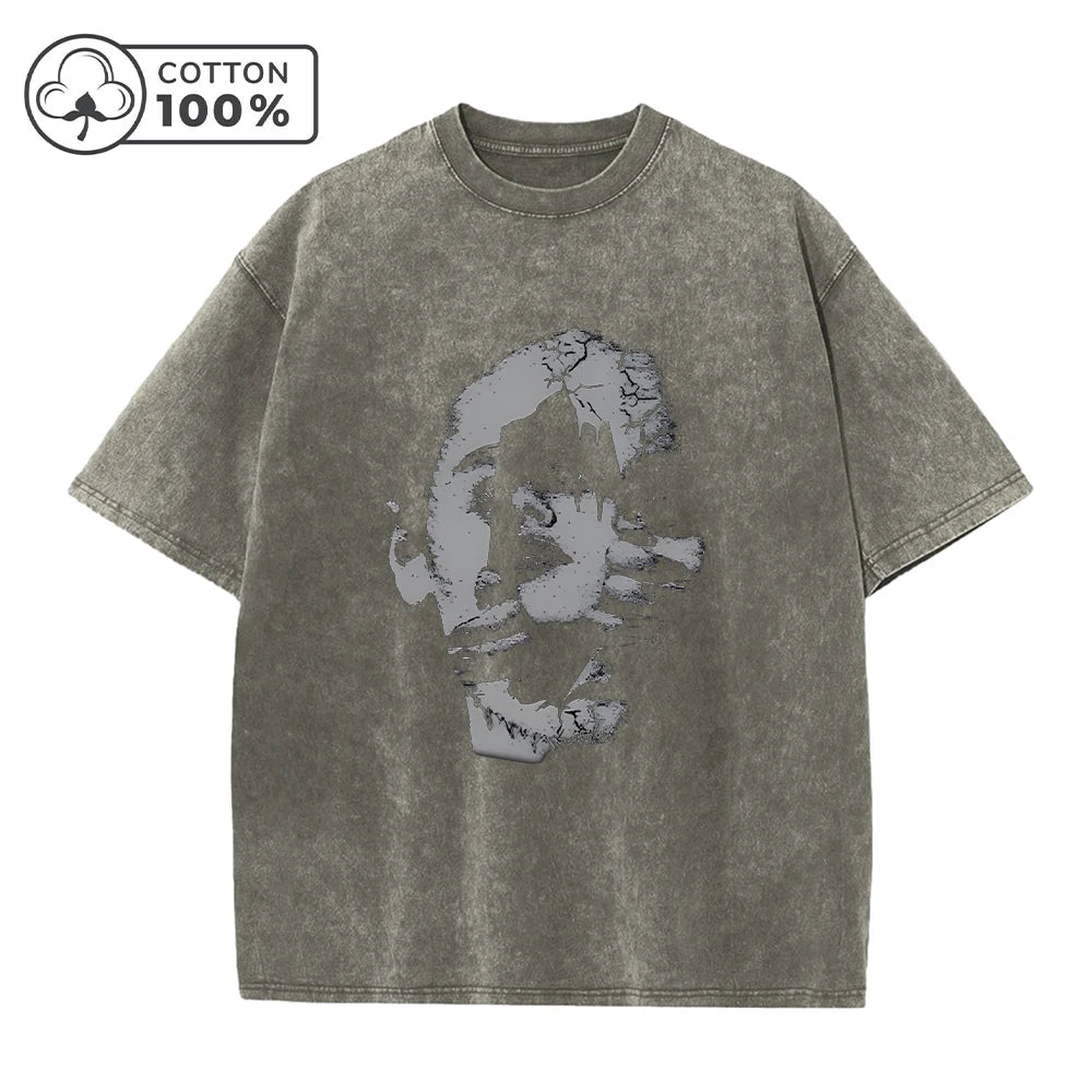 Men's Distressed Washed T-Shirt Personalized Face Print Retro Pure Cotton Short Sleeve Comfortable And Breathable Training Top