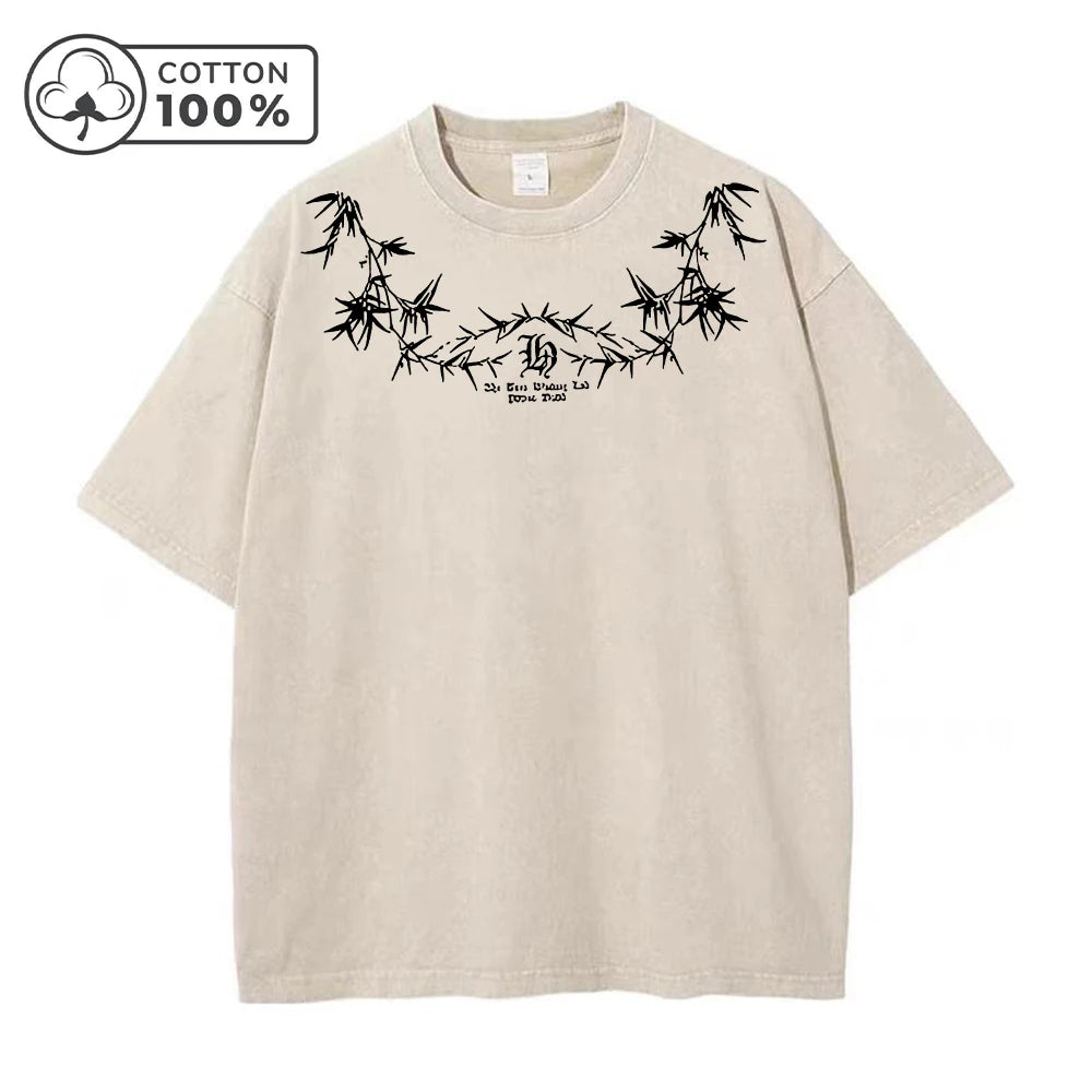 Men's Street Style Washed T-Shirt With Unique Bamboo Leaf Print Retro Pure Cotton Short Sleeve Top Casual Daily Commute