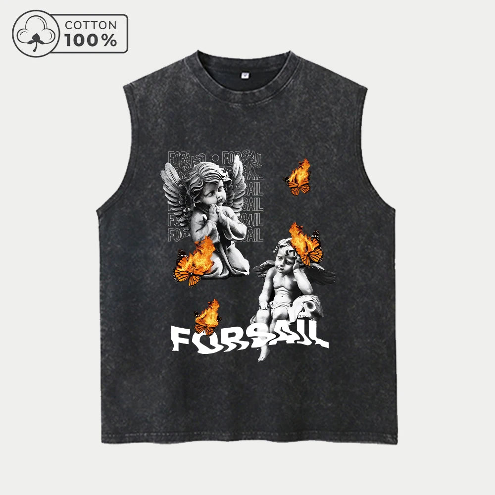 Men's Distressed Washed Vest Summer Casual Fashion Angel Print Pure Cotton Sleeveless T-Shirt Everyday Street Style Commute Top
