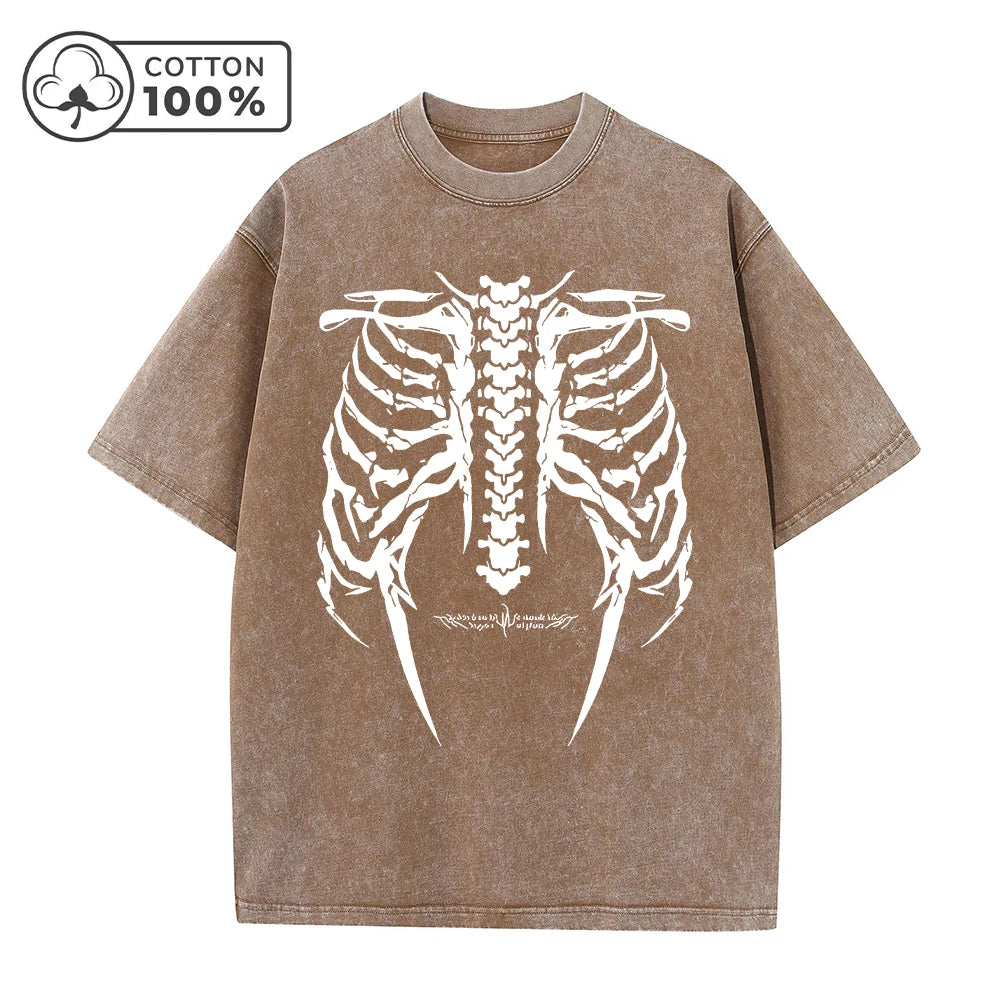 Men's Retro Dark Style Skull Print Washed T-Shirt Trendy Fashion Casual Pure Cotton Short Sleeve Outdoor Fitness Commuter Top