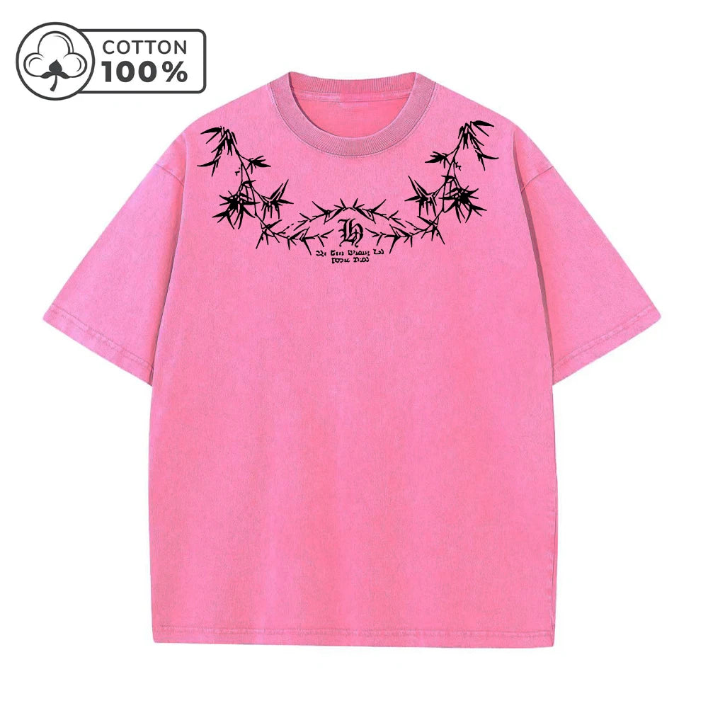 Men's Street Style Washed T-Shirt With Unique Bamboo Leaf Print Retro Pure Cotton Short Sleeve Top Casual Daily Commute