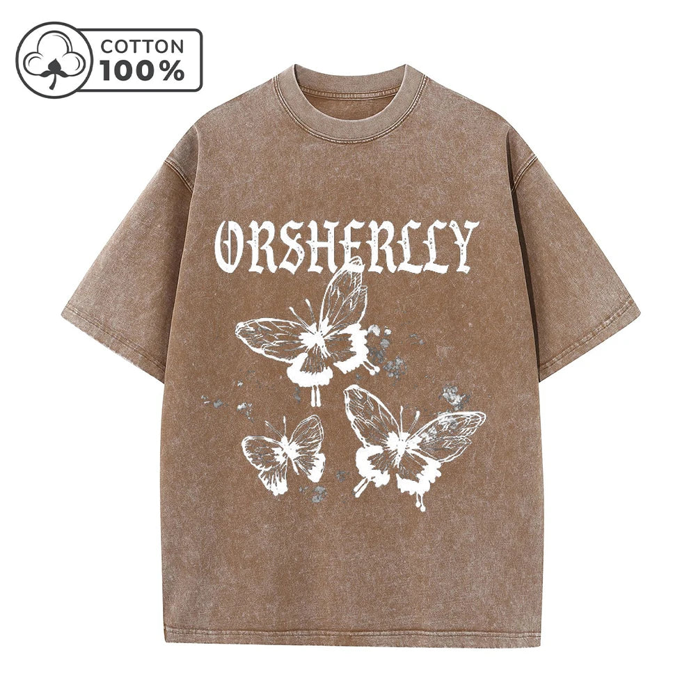 Men's Hollowed Out Butterfly Print Retro Washed T-Shirt Summer Distressed Loose Casual Fashion Short Sleeved Fitness Commute Top