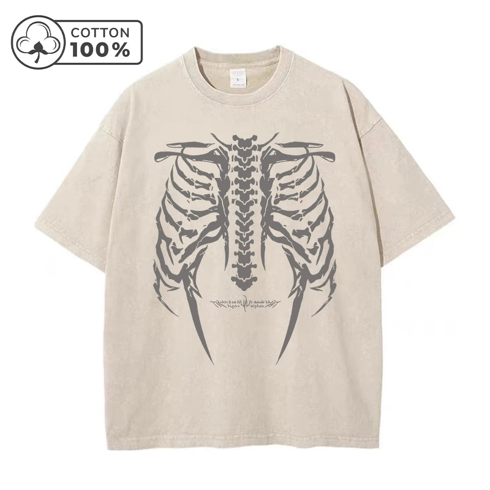 Men's Retro Dark Style Skull Print Washed T-Shirt Trendy Fashion Casual Pure Cotton Short Sleeve Outdoor Fitness Commuter Top
