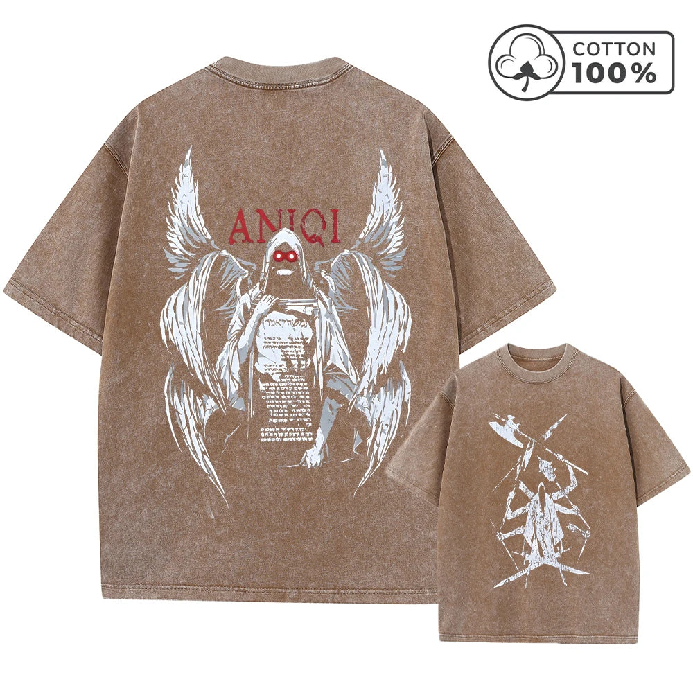 Men's Distressed Washed T-Shirt With Grim Reaper Print Retro Pure Cotton Short Sleeve Comfortable And Breathable Training Top