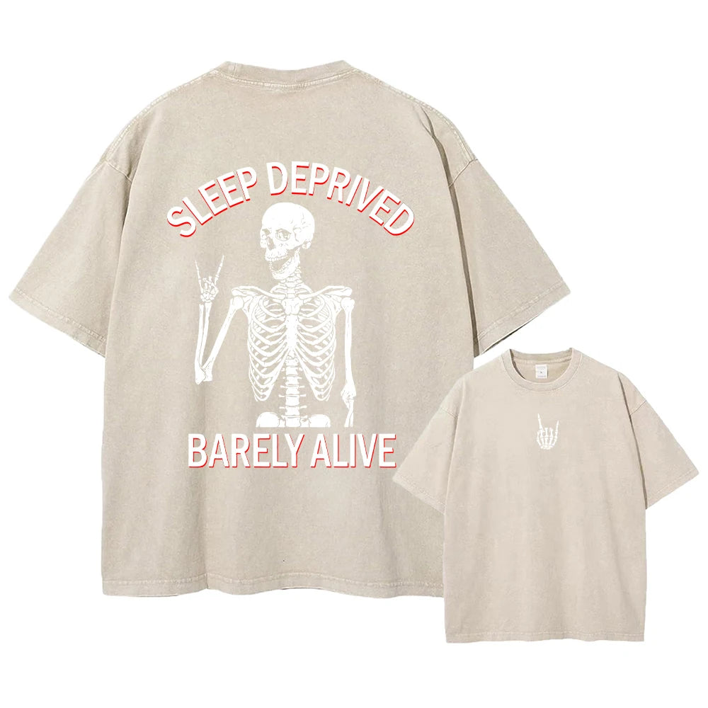 Summer Casual Washed T-Shirt With Vintage Street Style Double Print Round Neck Top Suitable For Everyday Wear And Commute