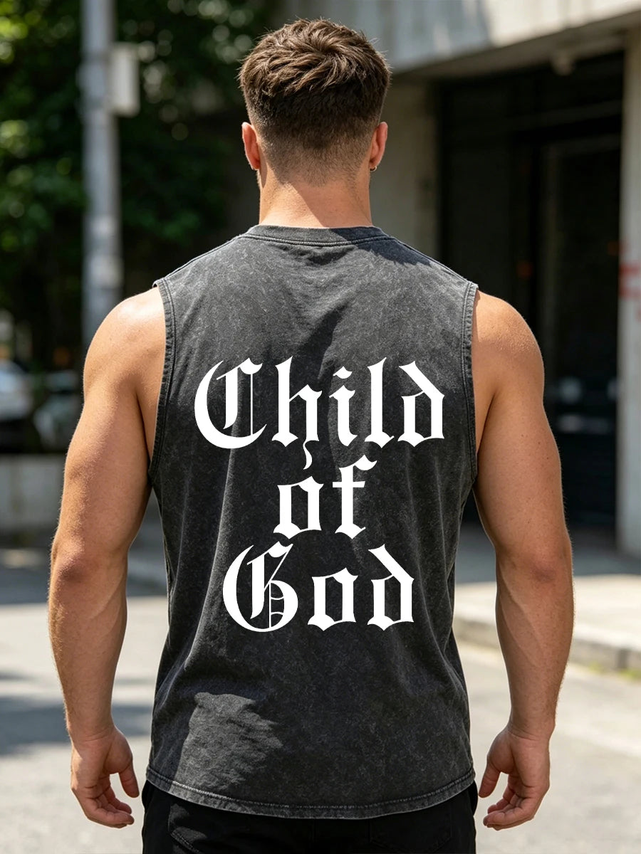 Men's Retro Washed Vest Gothic Style Child Of God Print Pure Cotton Casual Sleeveless T-Shirt Distressed Street Style Top