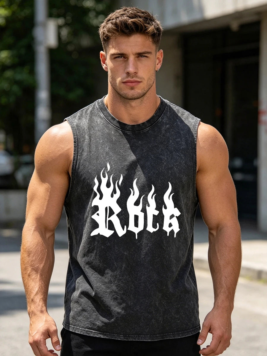 Men's Distressed Washed Vest Summer Casual Flame Word Print Pure Cotton Sleeveless T-Shirt Everyday Streetwear And Commuter Top