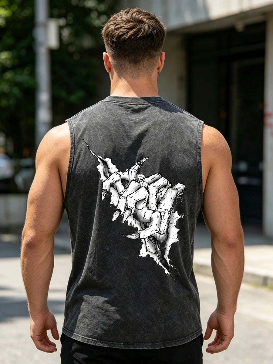 Men's Unique Claw Print Washed Vest Loose Casual Pure Cotton Fitness Commuter Retro Sleeveless Vest Summer Running Top