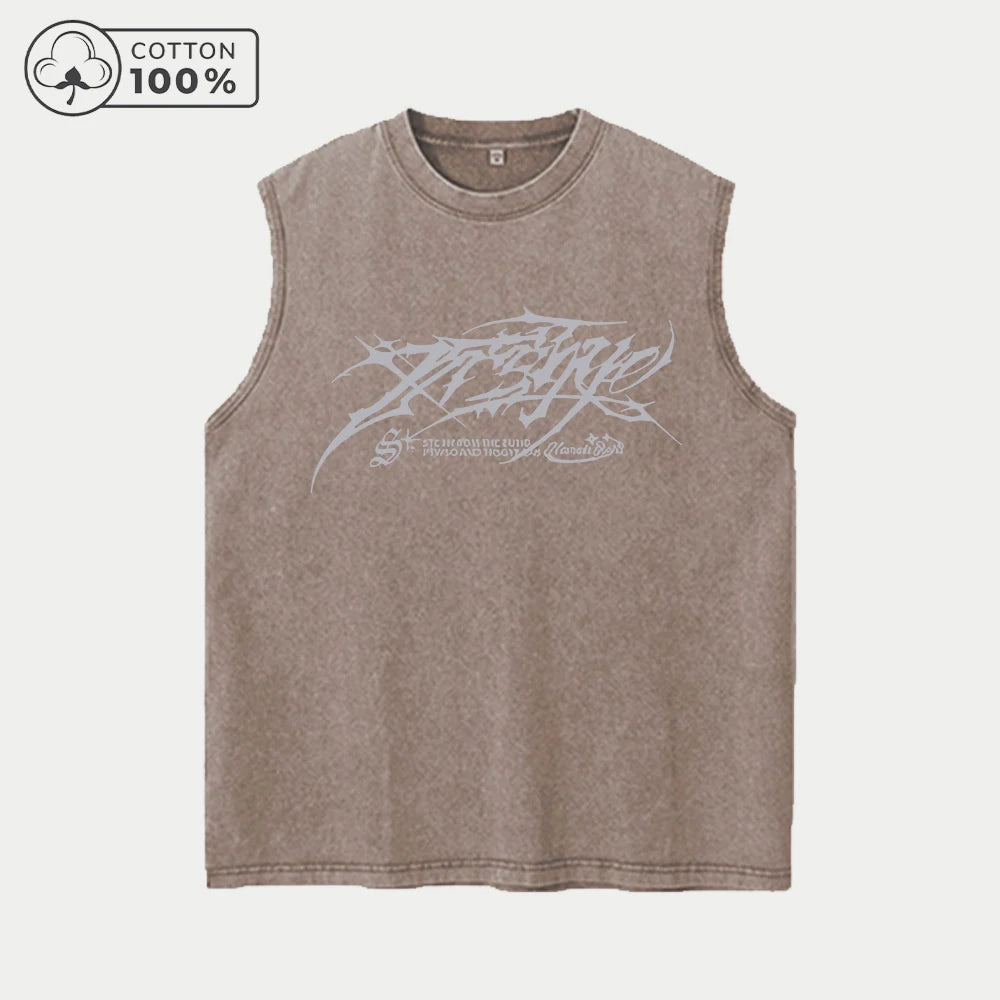 Men's Casual Washed Vest With Trendy Text Print Loose Fit Pure Cotton Summer Basketball Fitness Training Sleeveless Top