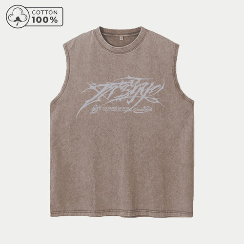 Men's Casual Washed Vest With Trendy Text Print Loose Fit Pure Cotton Summer Basketball Fitness Training Sleeveless Top