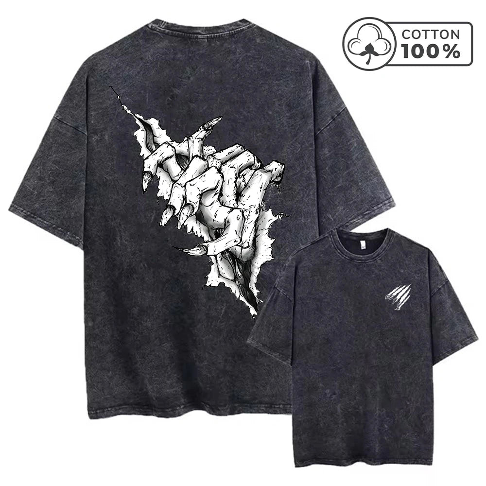 Men's Distressed Washed T-Shirt With Ripped Claw Print Vintage Pure Cotton Short Sleeve Comfortable And Breathable Training Top
