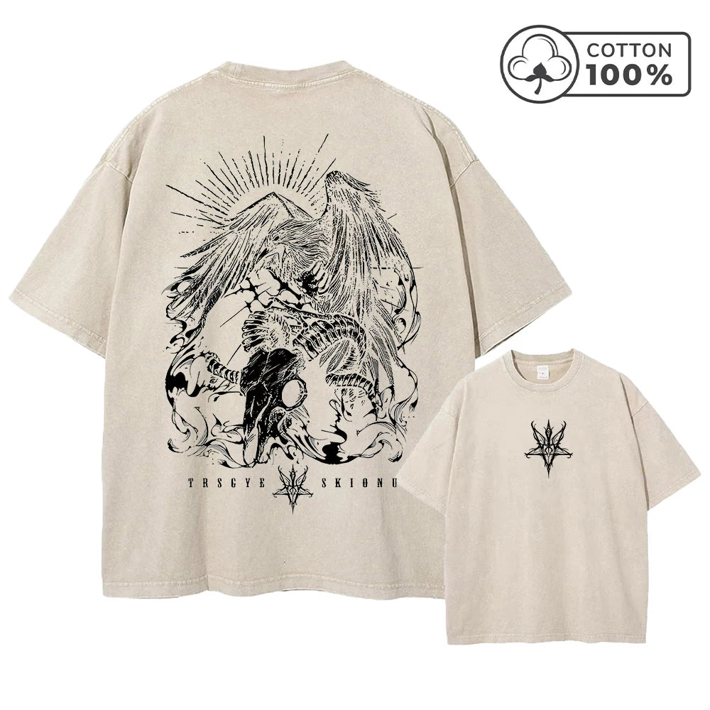 Men's Street Style Washed T-Shirt With Eagle And Ram's Head Print Retro Pure Cotton Short Sleeve Top Casual Daily Commute