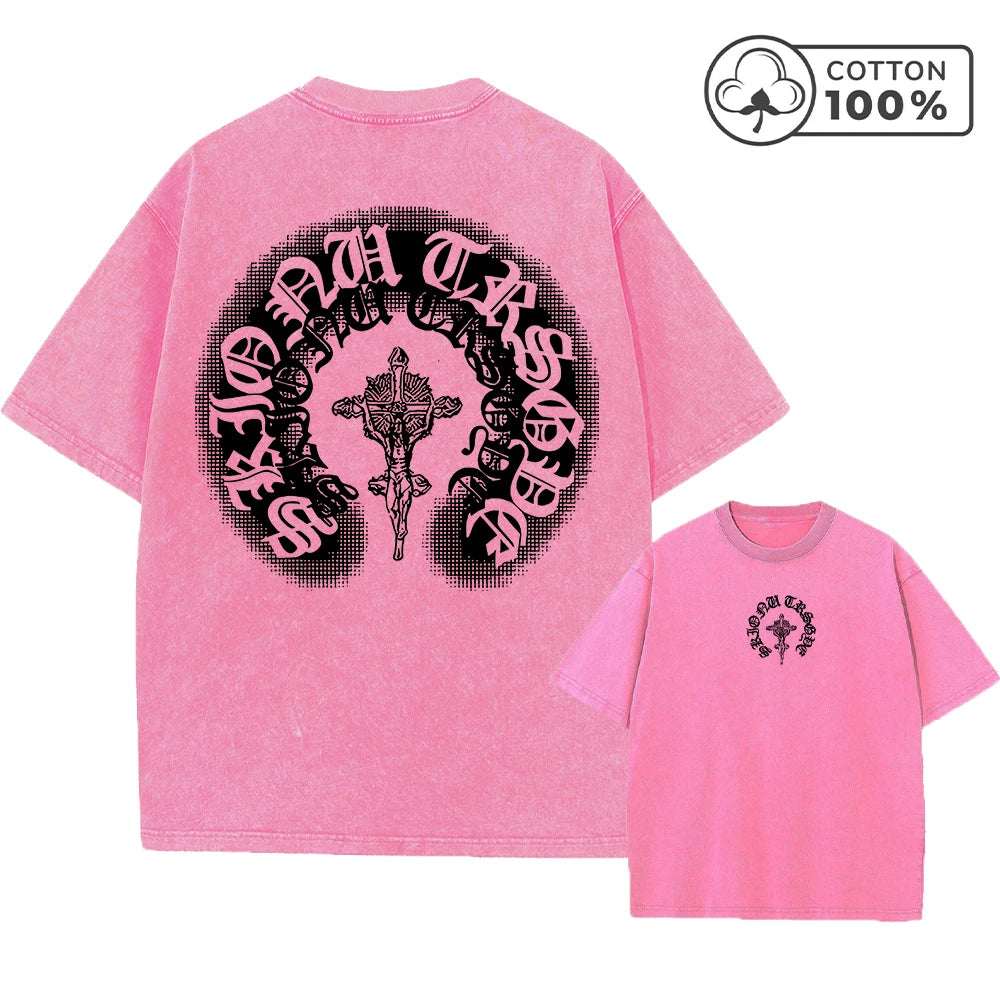 Men's Distressed Pure Cotton Washed T-Shirt With Cross Badge Print Loose Fit Casual Short Sleeve Everyday Street Style Gym Top