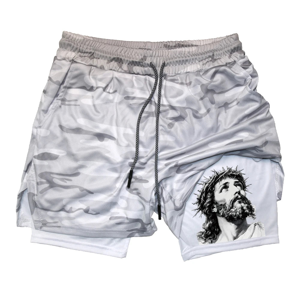 Men's Quick-Drying Athletic Shorts With Jesus Head Print Multiple Pockets Suitable For Fitness Training And Everyday Wear