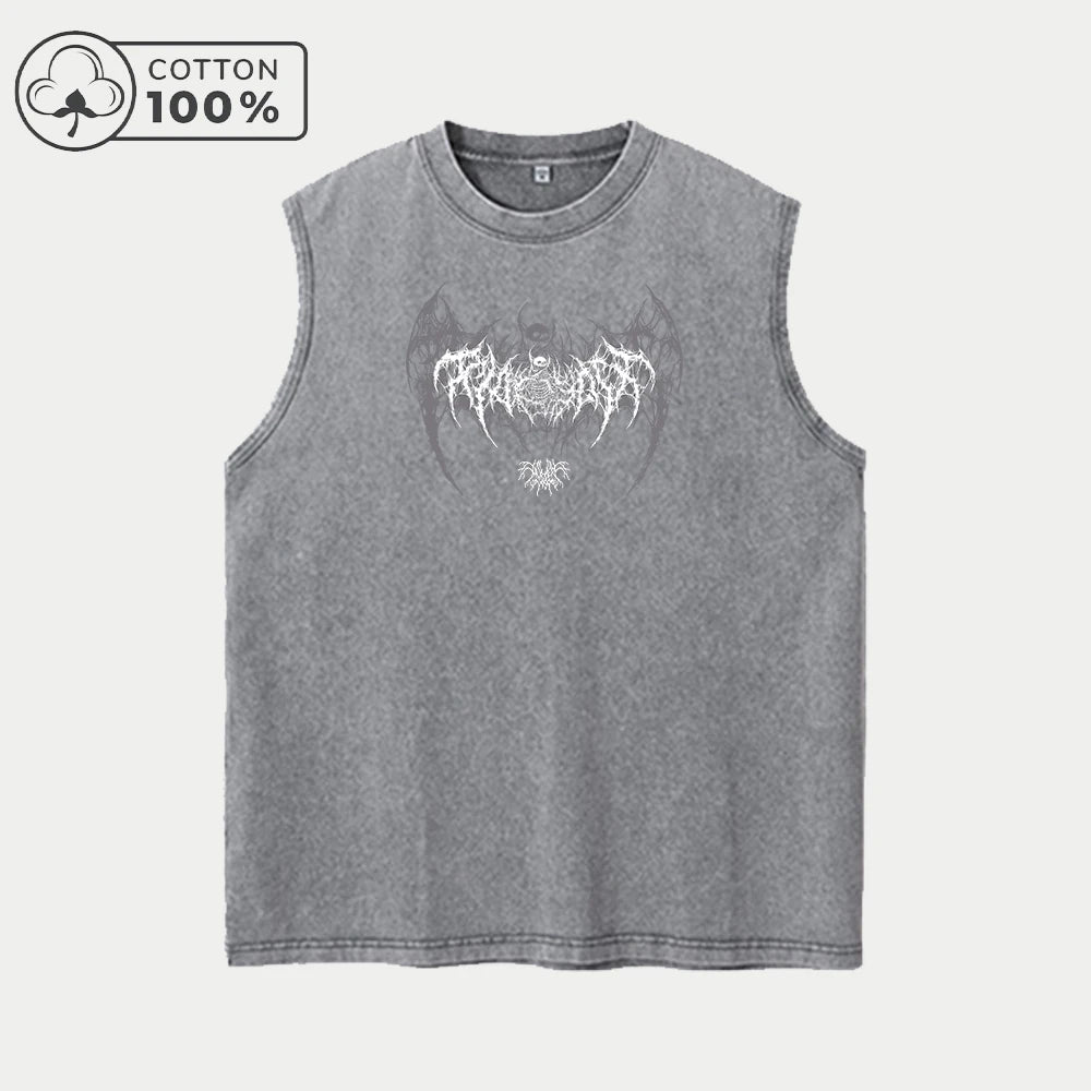 Men's Gothic Dark Wing Print Distressed Washed Vest Outdoor Running Cycling Pure Cotton Sleeveless Top Street Trend Vest