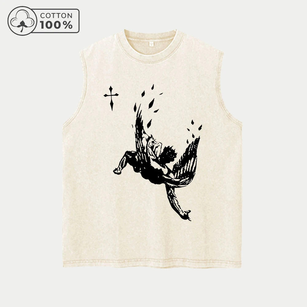 Men's Retro Pure Cotton Washed Vest With Angel Fall Print Summer Casual Sleeveless T-Shirt Daily Commute Outdoor Fitness Top