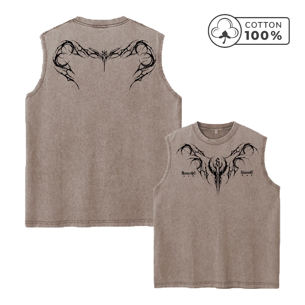 Men's Unique Thorn And Sheep Bone Print Fashion Retro Washed Vest Summer Fitness Loose Casual Pure Cotton Sleeveless T-Shirt
