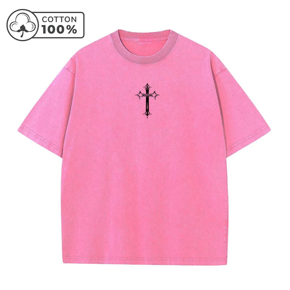 Men's Distressed Washed T-Shirt With Cross Print Retro Pure Cotton Short Sleeve Comfortable And Breathable Training Top