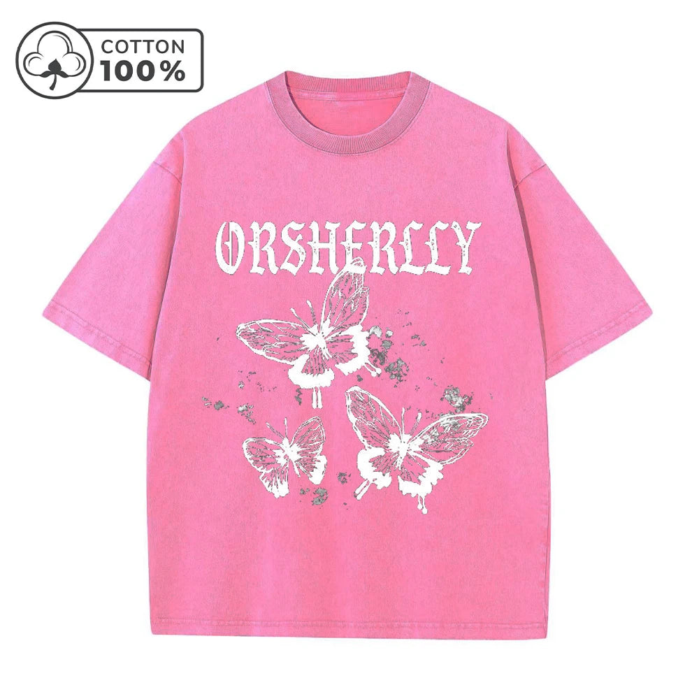 Men's Hollowed Out Butterfly Print Retro Washed T-Shirt Summer Distressed Loose Casual Fashion Short Sleeved Fitness Commute Top