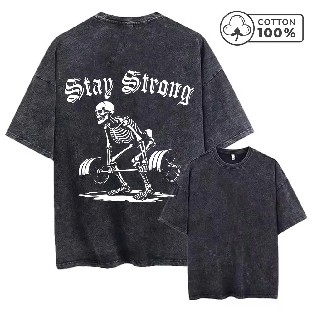 Men's Creative Skull Weightlifting Print Washed T-Shirt Trendy Fitness Top Summer Casual Pure Cotton Breathable Short Sleeve Top