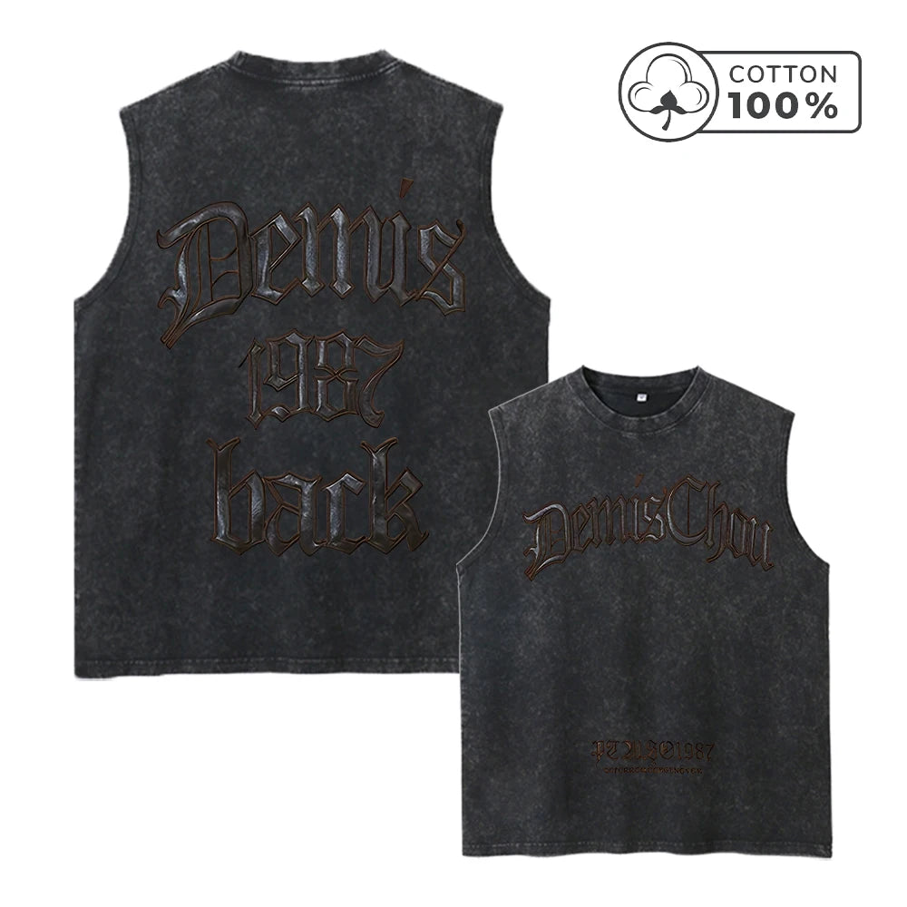 Men's Heavyweight Pure Cotton Washed Sleeveless Vest Trendy Gothic Font Print Top Retro Distressed Vest 2026 New Arrival