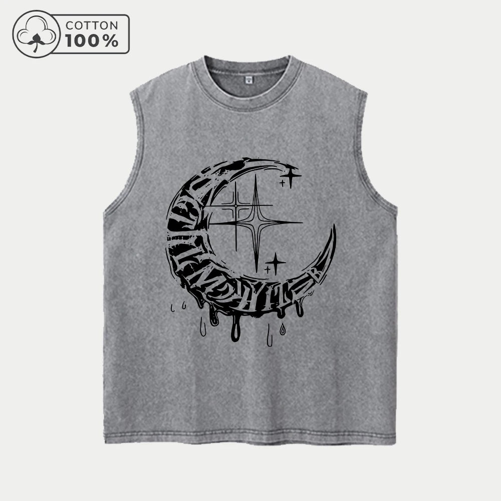 Men's Retro Washed Vest With Unique Star And Moon Print Pure Cotton Casual Sleeveless T-Shirt Distressed Street Style Top